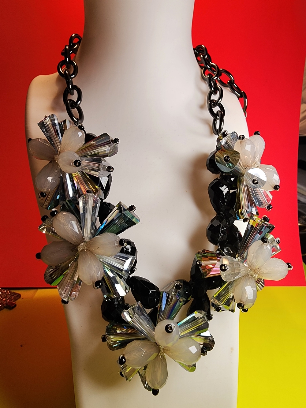 Floral Cluster Crystal Necklace - Clear and Black
